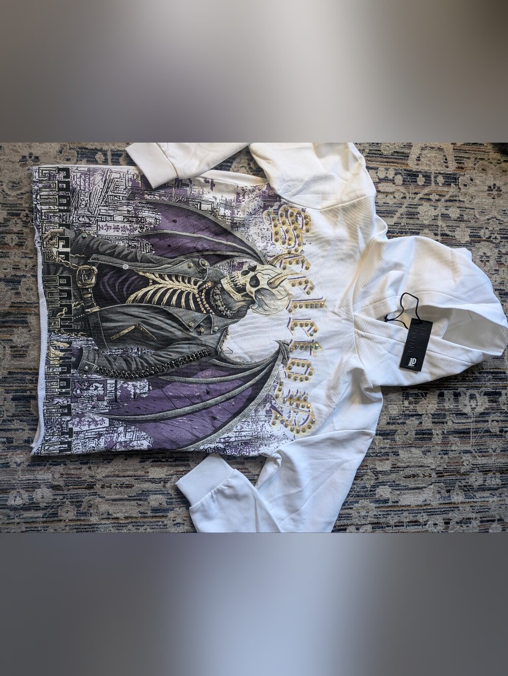 Left Point Rhinestone Skeleton Demon Graphic Hoodie White Size S NWT